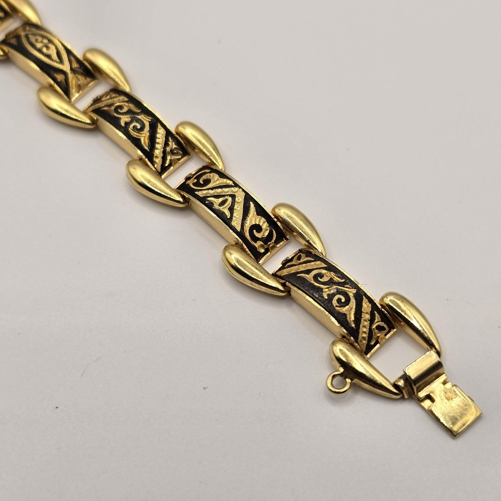 Vintage Spanish Damascene Link Bracelet - Black & Gold with Safety Chain - Picture 11 of 12